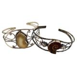 Set of 2 Vintage Silver Cuff Bracelets with Agate and Fossil Accents