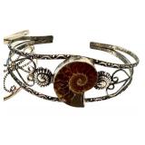 Set of 2 Vintage Silver Cuff Bracelets with Agate and Fossil Accents