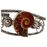 Set of 2 Vintage Silver Cuff Bracelets with Agate and Fossil Accents