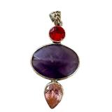 Sterling Silver Pendant with Amethyst, Pink, and Red Stones, 1.5 Inch