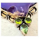 Sterling Silver Pendant with Purple Dyed Agate, Peridot, and Lipid Accents, 2.75 Inch