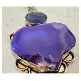 Sterling Silver Pendant with Purple Dyed Agate, Peridot, and Lipid Accents, 2.75 Inch