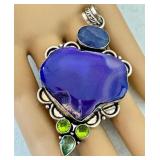 Sterling Silver Pendant with Purple Dyed Agate, Peridot, and Lipid Accents, 2.75 Inch
