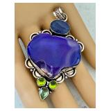 Sterling Silver Pendant with Purple Dyed Agate, Peridot, and Lipid Accents, 2.75 Inch