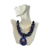 Adjustable Lapis Beaded Necklace with Art Glass Pendant, 20-22 Inches
