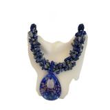 Adjustable Lapis Beaded Necklace with Art Glass Pendant, 20-22 Inches