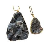 Set of 2 Black Druzy Stone Pendants with Gold Plated Chains
