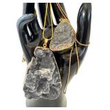 Set of 2 Black Druzy Stone Pendants with Gold Plated Chains