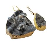 Set of 2 Black Druzy Stone Pendants with Gold Plated Chains
