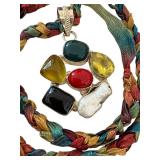 Multi Gemstone Pendant Necklace on Braided Colorful Strand