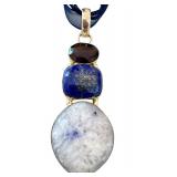 Multi-Stone Artisan Pendant with Lapis Lazuli, Amethyst, and Quartz on Ribbon Necklace
