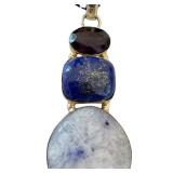 Multi-Stone Artisan Pendant with Lapis Lazuli, Amethyst, and Quartz on Ribbon Necklace