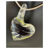 Art Glass Heart Necklace and Earrings Set with Sterling 22" Chain