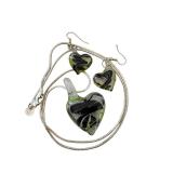 Art Glass Heart Necklace and Earrings Set with Sterling 22" Chain