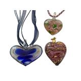Set of 3 Art Glass Heart Pendants on Ribbon Chains