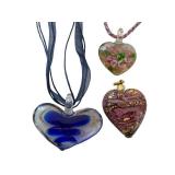 Set of 3 Art Glass Heart Pendants on Ribbon Chains