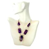 Purple Agate Stone Statement Necklace with Gold Tone Accents