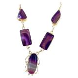 Purple Agate Stone Statement Necklace with Gold Tone Accents