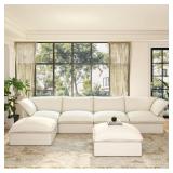 U-shaped 163 in. Flared Arm 6-piece Down Filled Linen Modular Sectional Sofa Bed Cloud Couch with 2 Ottomans in White