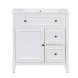Virubi 30 in. W Single Sink Bath Vanity in White with White Ceramic Top, 2 Drawers, Magnetic Door Stopper, needs assembly