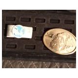 Sterling silver - turquoise money clip and a Burlington Northern railroad belt buckle Sterling silver - turquoise money clip and a Burlington Northern railroad belt buckle