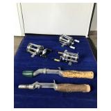 3 Vintage Fishing Reels and 2 Rod Handles - see description for more info 3 Vintage Fishing Reels and 2 Rod Handles - see description for more info