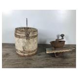 Vintage Coffee Grinder and Small Wooden Barrel Vintage Coffee Grinder and Small Wooden Barrel