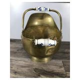 Vintage Large Brass Scuttle Coal Bucket With Delft Porcelain Handles Lion Heads Vintage Large Brass Scuttle Coal Bucket With Delft Porcelain Handles Lion Heads