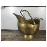 Vintage Large Brass Scuttle Coal Bucket With Delft Porcelain Handles Lion Heads Vintage Large Brass Scuttle Coal Bucket With Delft Porcelain Handles Lion Heads