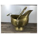 Vintage Large Brass Scuttle Coal Bucket With Delft Porcelain Handles Lion Heads Vintage Large Brass Scuttle Coal Bucket With Delft Porcelain Handles Lion Heads