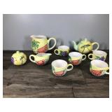 Vintage Hand Painted Oversized Tea Coffee Cups (5), Sugar Bowl, Creamer, Teapot and Pitcher with Fruit Designs on the Outside Vintage Hand Painted Oversized Tea Coffee Cups (5), Sugar Bowl, Creamer, Teapot and Pitcher with Fruit Designs on the Outside