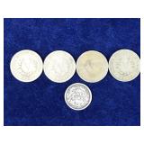 4 Liberty V Nickels and 1 Barber Dime - See description for more info 4 Liberty V Nickels and 1 Barber Dime - See description for more info