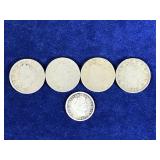 4 Liberty V Nickels and 1 Barber Dime - See description for more info 4 Liberty V Nickels and 1 Barber Dime - See description for more info