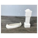Small Collectible Figurines - Grandfather Clock and a Small Canoe that says city of London and British Manufactured Small Collectible Figurines - Grandfather Clock and a Small Canoe that says city of London and British Manufactured