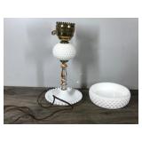 Vintage Milk Glass Hobnail Lamp and a Flat Bottom Hobnail Bowl Vintage Milk Glass Hobnail Lamp and a Flat Bottom Hobnail Bowl