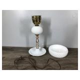 Vintage Milk Glass Hobnail Lamp and a Flat Bottom Hobnail Bowl Vintage Milk Glass Hobnail Lamp and a Flat Bottom Hobnail Bowl