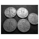5-Walking Liberty Half Dollars-1944 D, S, 1945 D, S, 1947 D