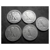 5-Walking Liberty Half Dollars-1944 D, S, 1945 D, S, 1947 D