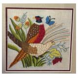 Framed Embroidery Artwork with Pheasants and Butterfly