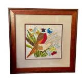 Framed Embroidery Artwork with Pheasants and Butterfly