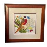 Framed Embroidery Artwork with Pheasants and Butterfly