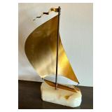 Vintage Brass Sailboat Sculpture on Stone Base, 12 Inch Height