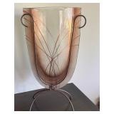 Decorative Art Glass Vase with Metal Stand, 26.5 Inch Tall