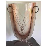 Decorative Art Glass Vase with Metal Stand, 26.5 Inch Tall