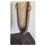 Decorative Art Glass Vase with Metal Stand, 26.5 Inch Tall