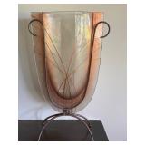 Decorative Art Glass Vase with Metal Stand, 26.5 Inch Tall