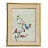 Framed Asian Silk Artwork with Blue Bird and FlowersÂ 