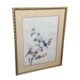 Framed Asian Silk Artwork with Blue Bird and FlowersÂ 