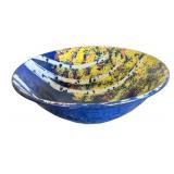 Handmade Art Pottery Bowl with Blue and Yellow Tree Motif, Signed, 12 Inch