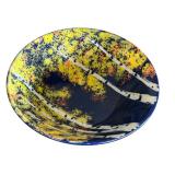 Handmade Art Pottery Bowl with Blue and Yellow Tree Motif, Signed, 12 Inch